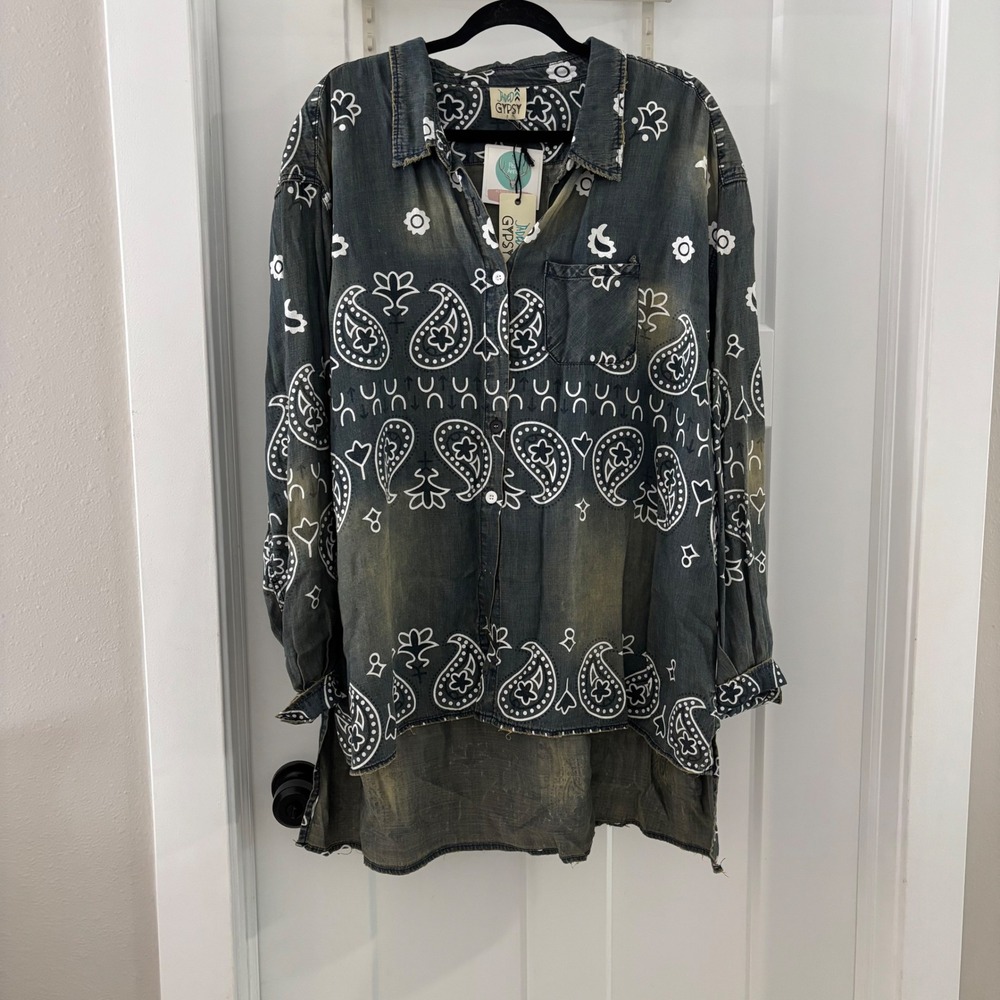 NWT Jaded Gypsy‎ Starburst Tunic Top S/M Chambray Paisley Western Boho Bandana